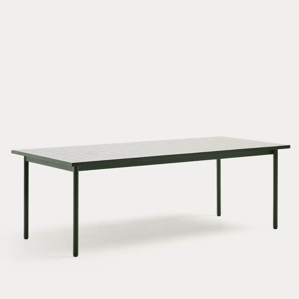 Kave Home Maurina outdoor table in green galvanised steel with ecru-colored tiles 223 x 101cm