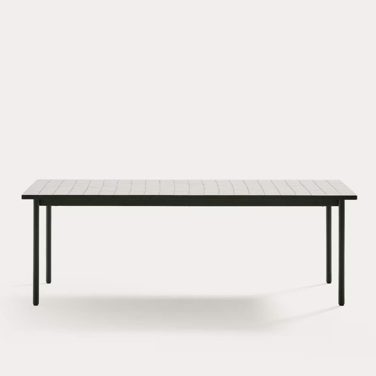 Kave Home Maurina outdoor table in green galvanised steel with ecru-colored tiles 223 x 101cm