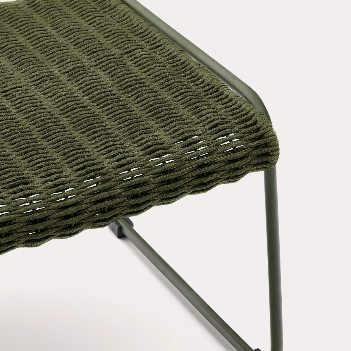 Kave Home Maurina footrest in green galvanised steel and green rope cord 58 x 52.5cm