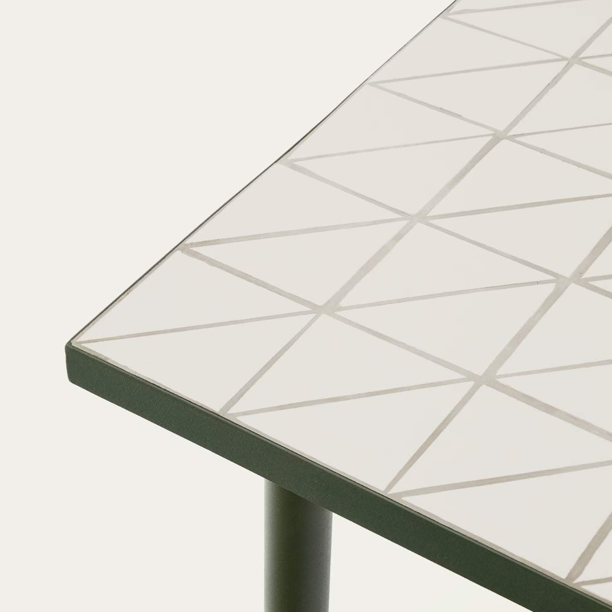 Kave Home Maurina outdoor table in green galvanised steel with ecru-colored tiles 223 x 101cm