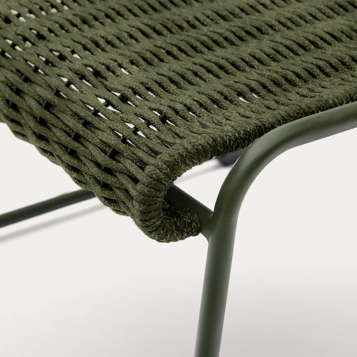Kave Home Maurina footrest in green galvanised steel and green rope cord 58 x 52.5cm