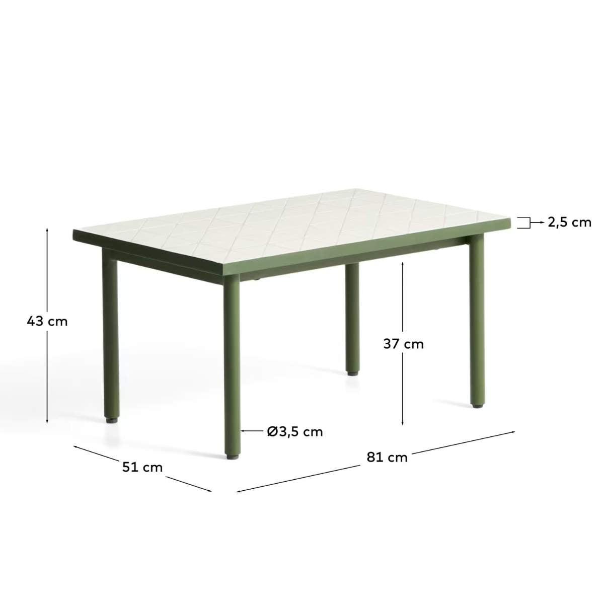 Kave Home Maurina side table in green galvanised steel with ecru tiles 81 x 51 cm