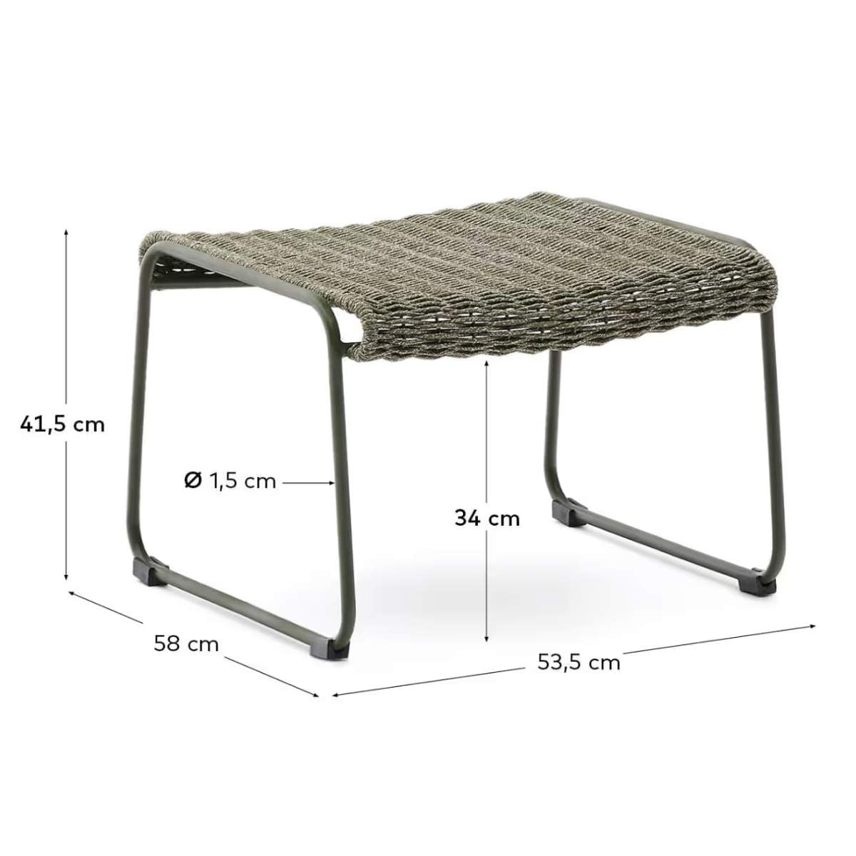 Kave Home Maurina footrest in green galvanised steel and green rope cord 58 x 52.5cm