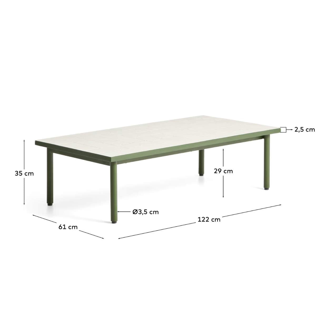 Kave Home Maurina coffee table in green galvanised steel with ecru tiles 122 x 61cm