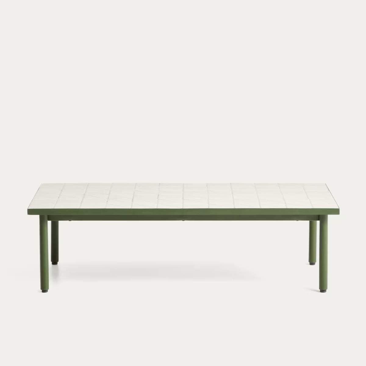 Kave Home Maurina coffee table in green galvanised steel with ecru tiles 122 x 61cm