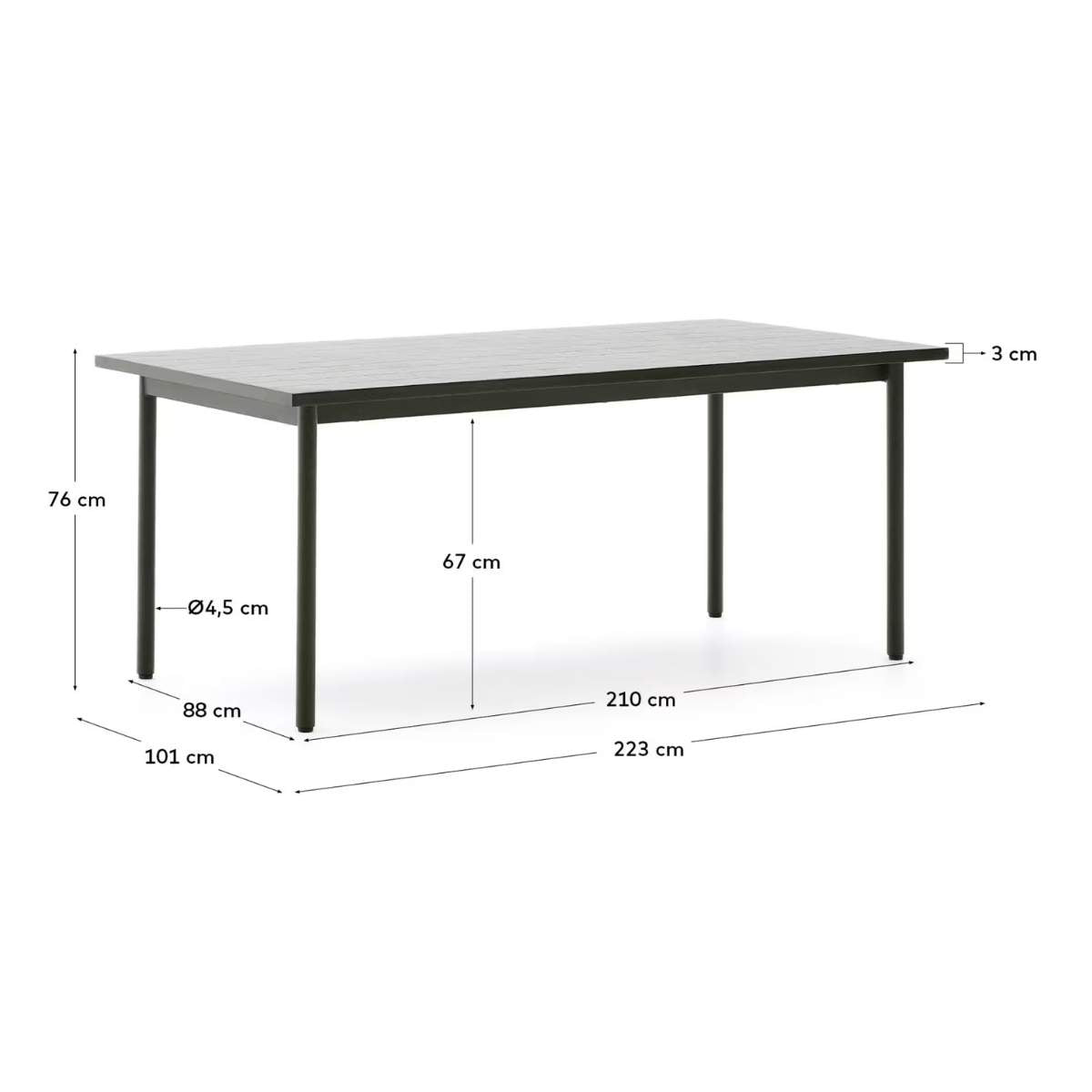 Kave Home Maurina outdoor table in green galvanised steel with ecru-colored tiles 223 x 101cm