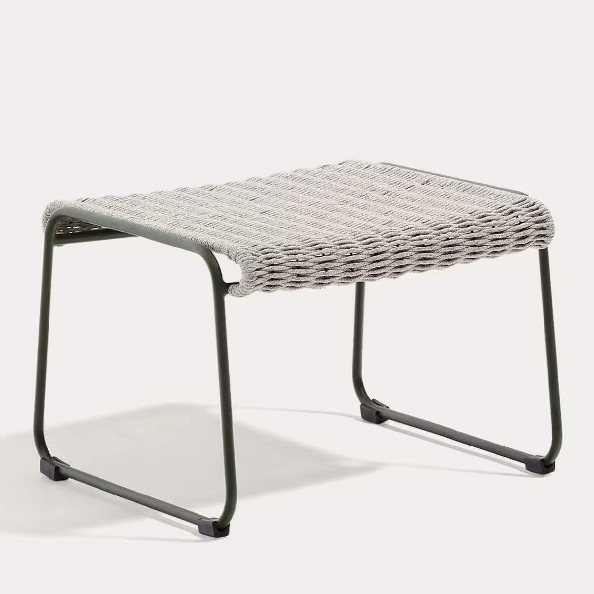 Kave Home Maurina footrest in green galvanised steel and green rope cord 58 x 52.5cm