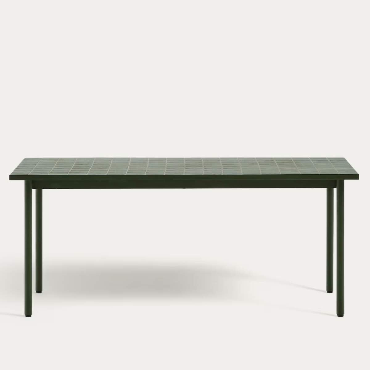 Kave Home Maurina outdoor table in green galvanised steel with ecru-colored tiles 223 x 101cm