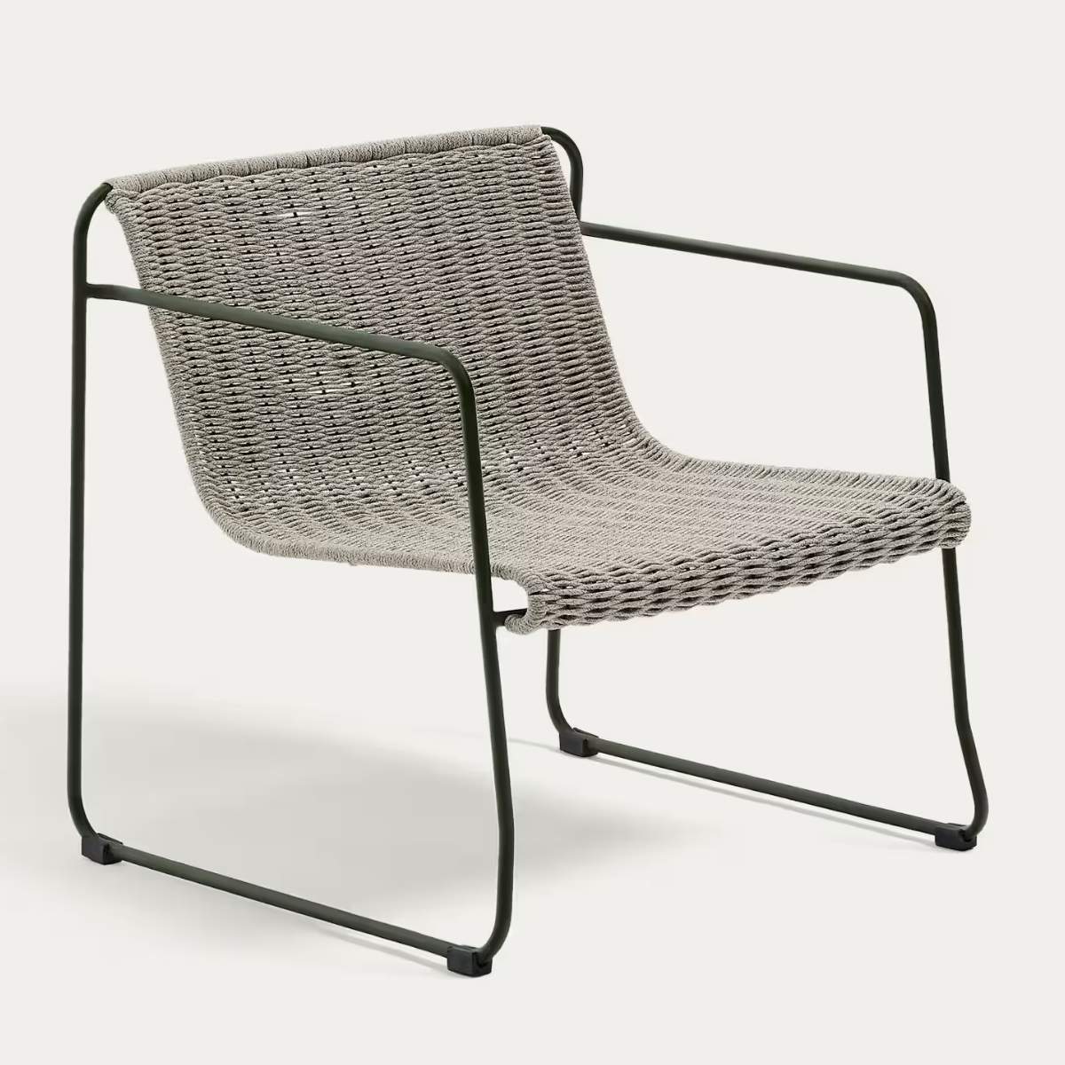 Kave Home Maurina stackable armchair in green galvanised steel and green rope cord