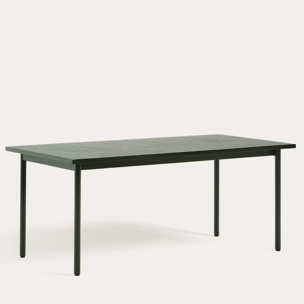 Kave Home Maurina outdoor table in green galvanised steel with ecru-colored tiles 223 x 101cm