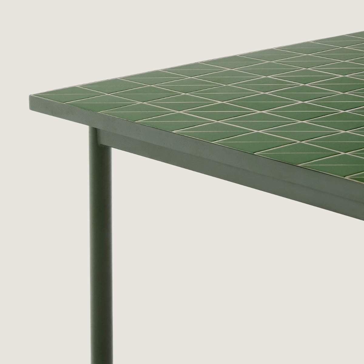 Kave Home Maurina outdoor table in green galvanised steel with ecru-colored tiles 223 x 101cm