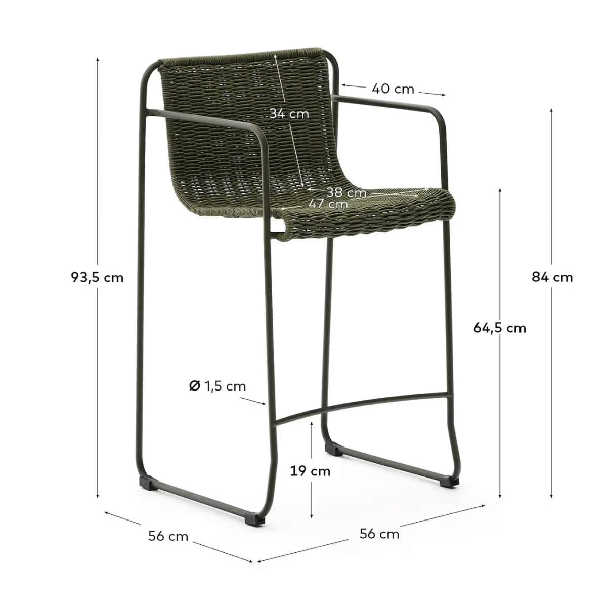 Kave Home Maurina stool in green galvanised steel and green rope cord 64,5cm