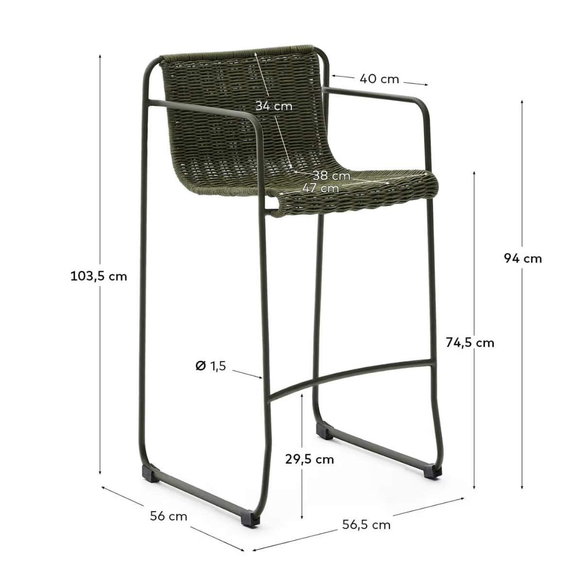 Kave Home Maurina stackable stool in green galvanised steel and green rope cord 74,5cm