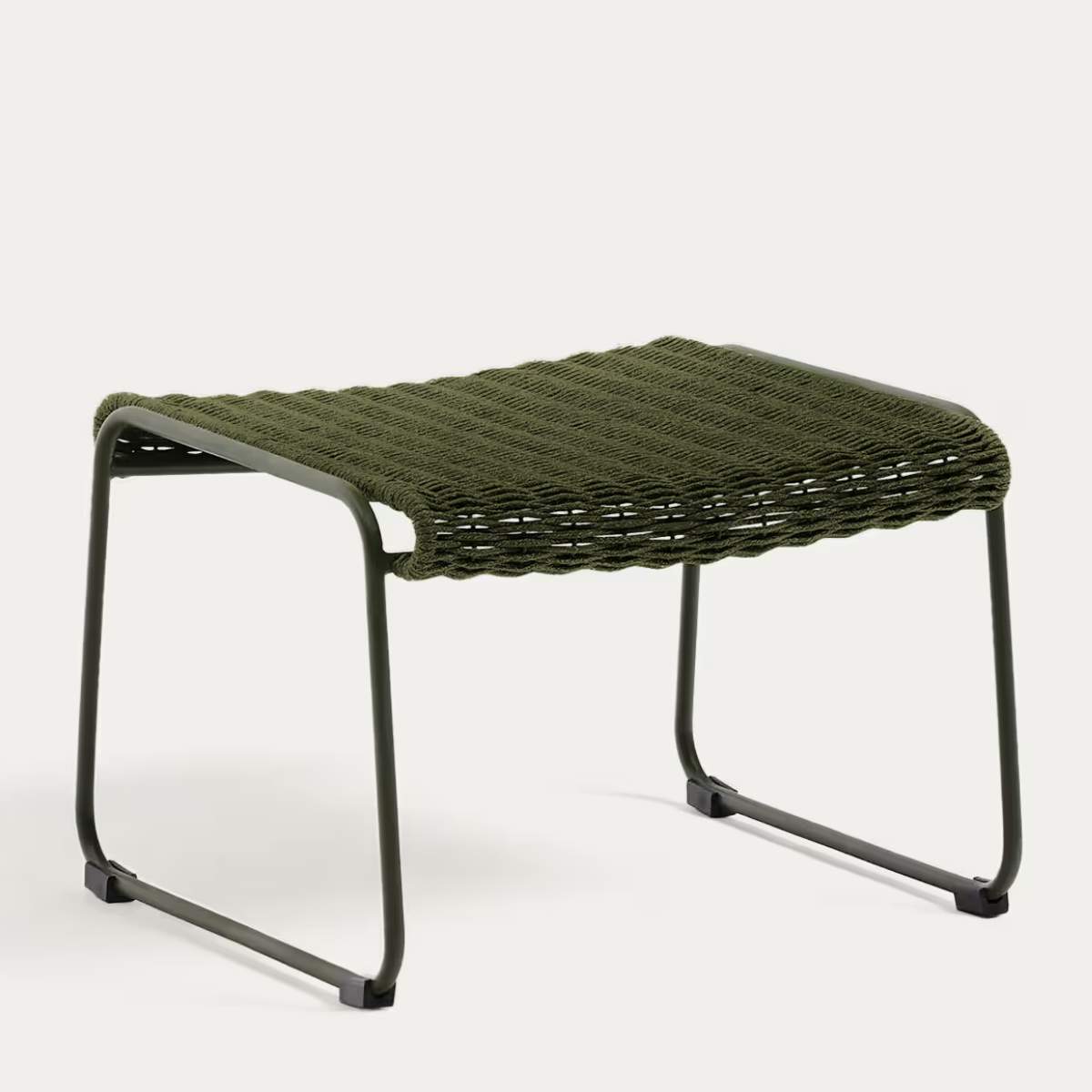 Kave Home Maurina footrest in green galvanised steel and green rope cord 58 x 52.5cm