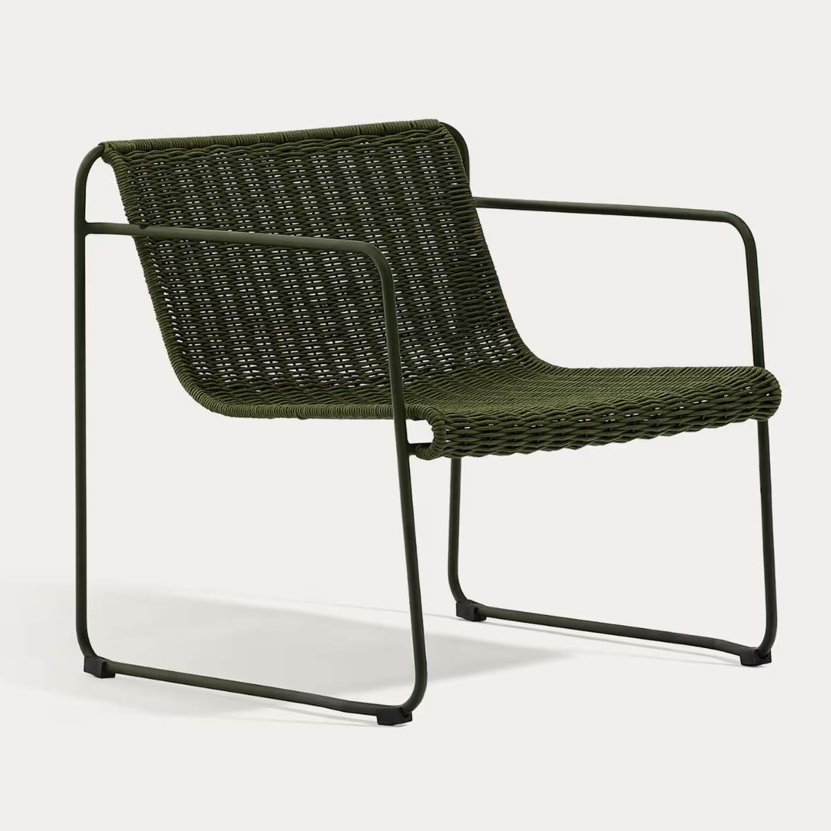 Kave Home Maurina stackable armchair in green galvanised steel and green rope cord