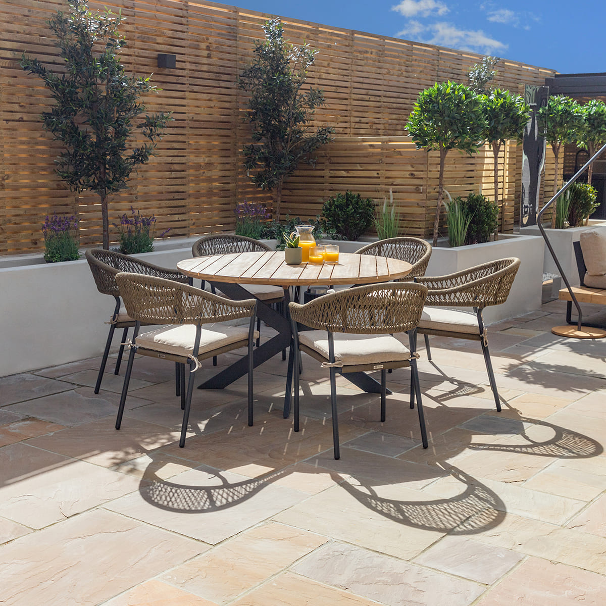 Maze Bali Rope Weave 6 Seat Round Fixed Dining Set Sandstone