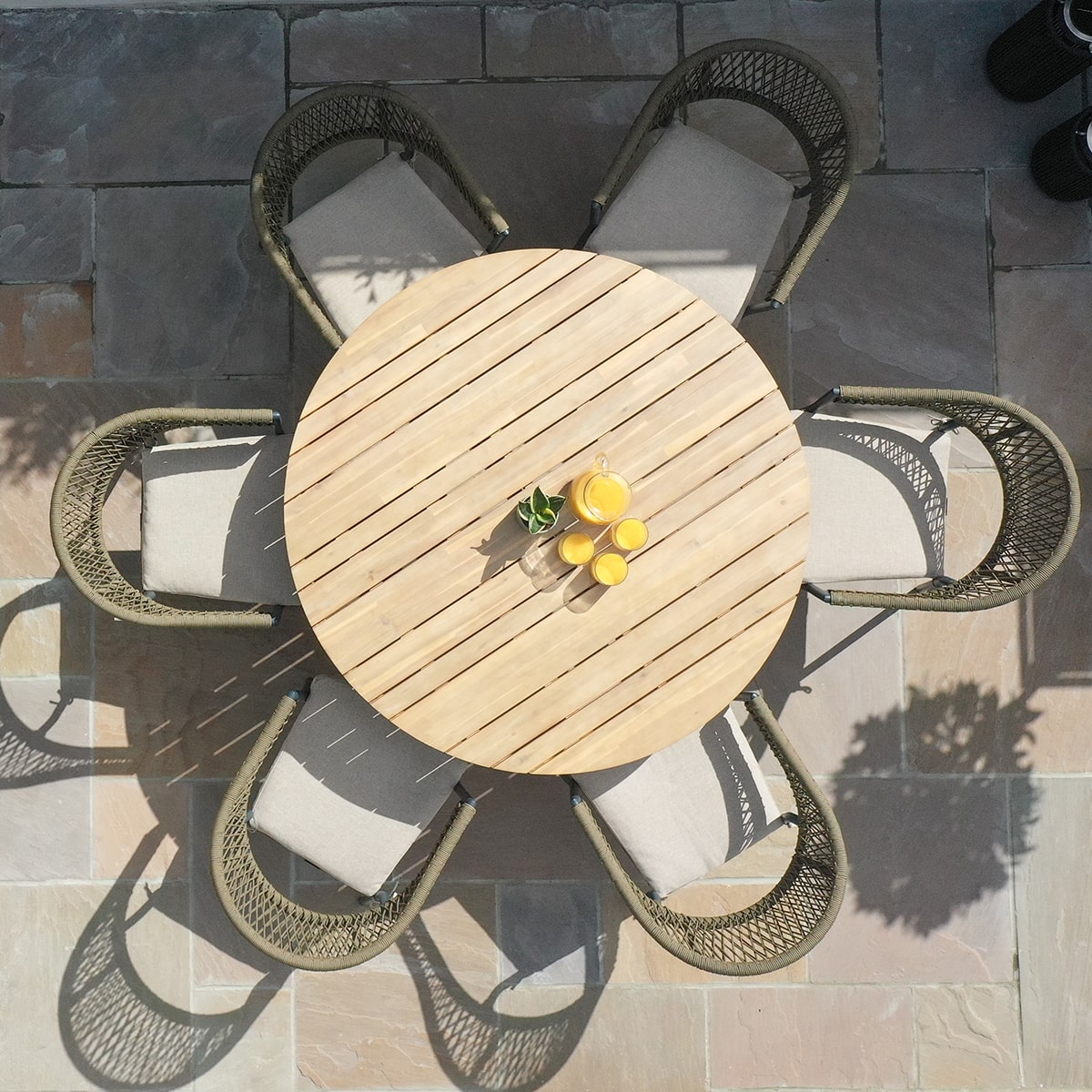 Maze Bali Rope Weave 6 Seat Round Fixed Dining Set Sandstone