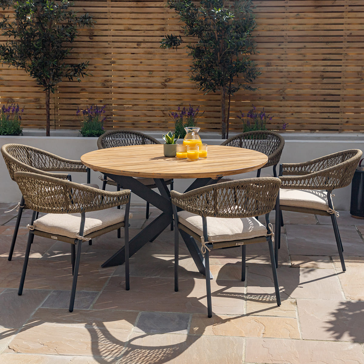 Maze Bali Rope Weave 6 Seat Round Fixed Dining Set Sandstone
