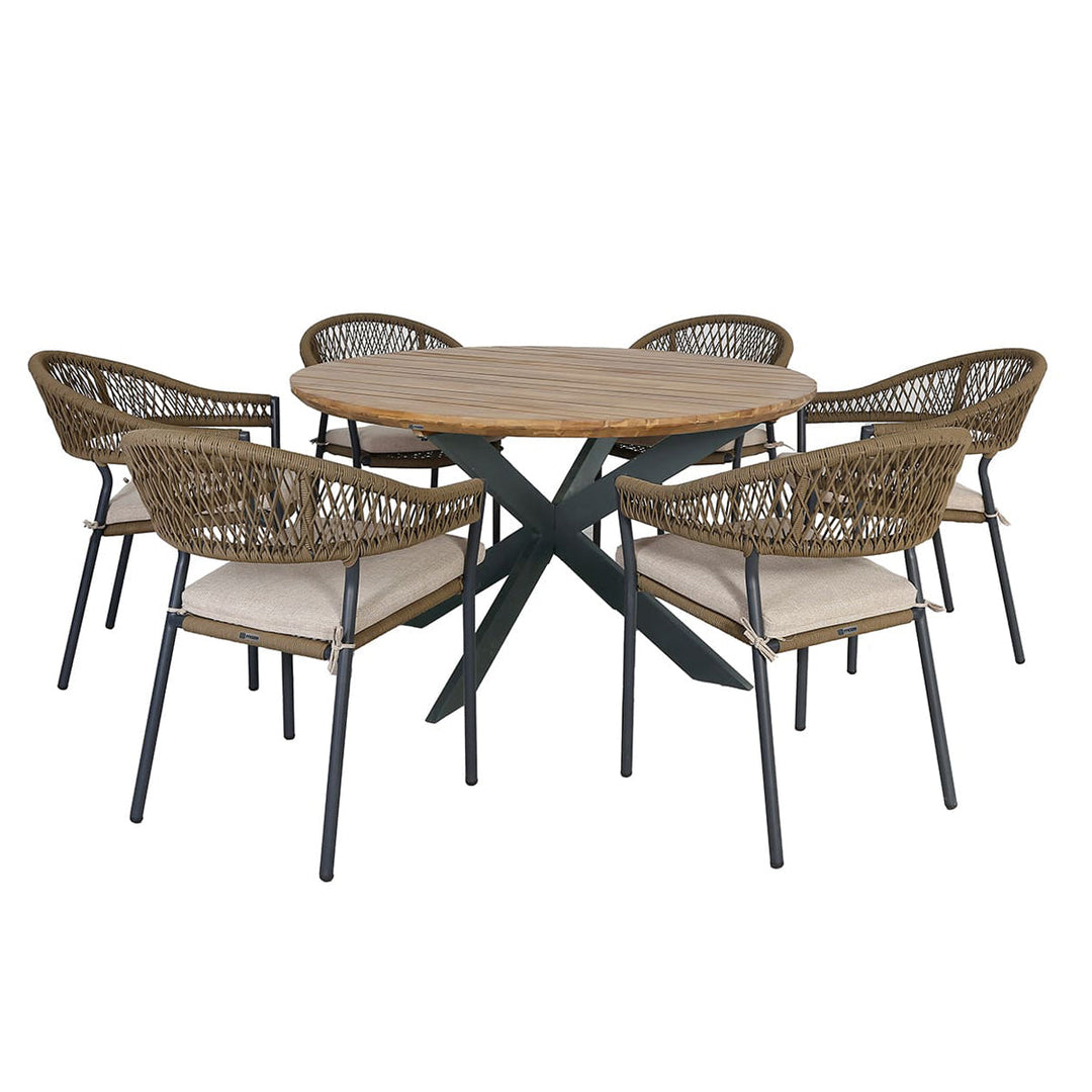 Maze Bali Rope Weave 6 Seat Round Fixed Dining Set Sandstone