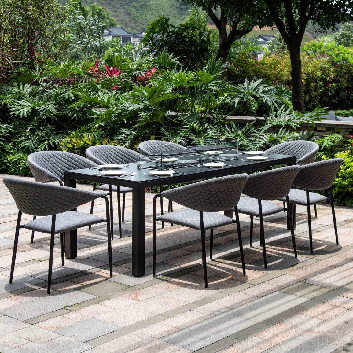 Maze Pebble 8 Seat Rectangular Dining Set - Fire Pit Table