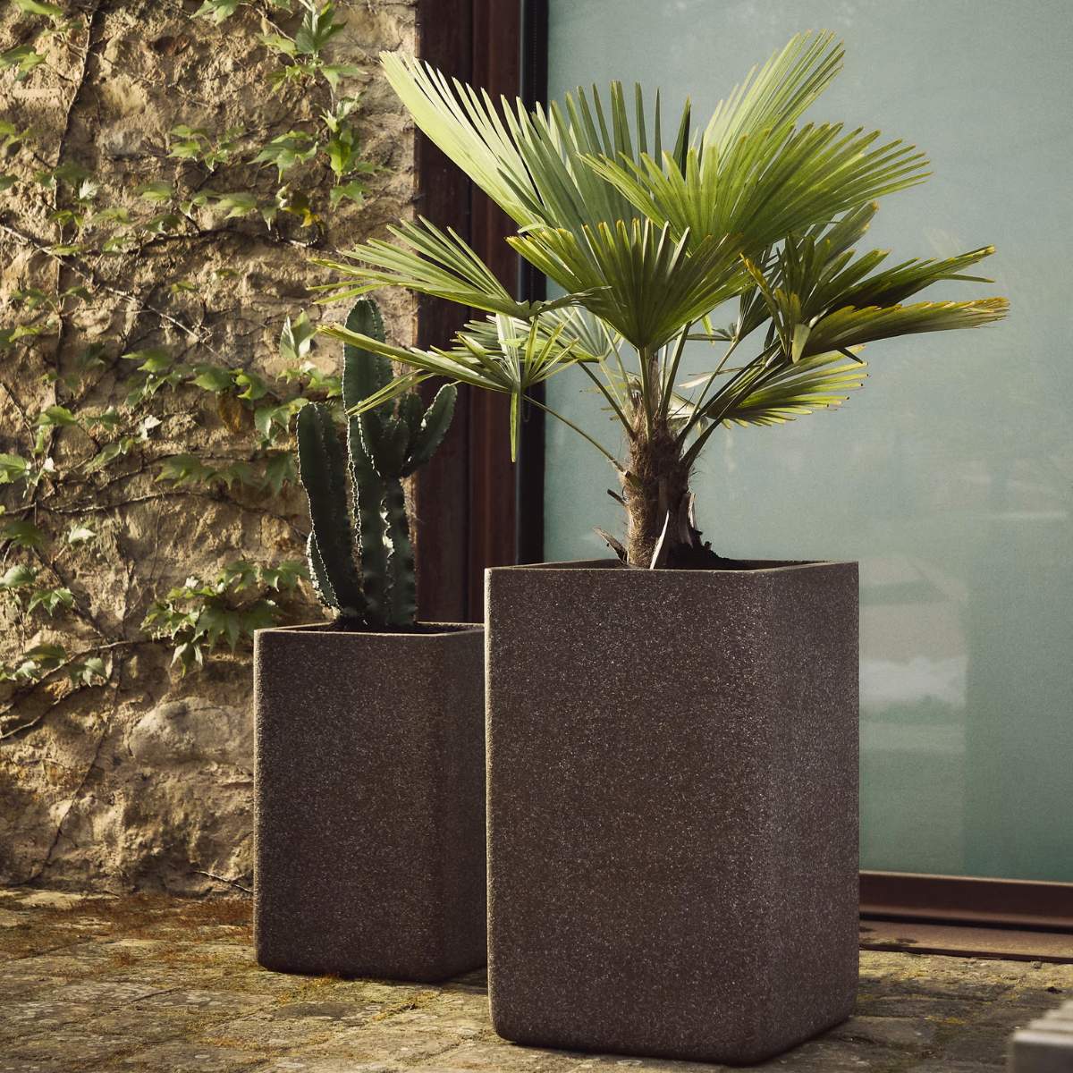 Kave Home Set of 2 Minoa tall planters with brown stone effect 44 x 44 cm