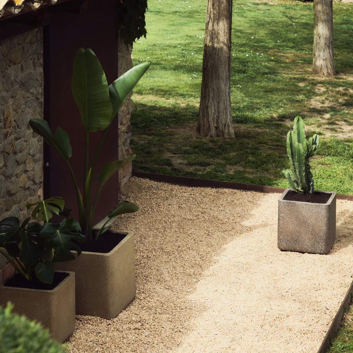 Kave Home Set of 2 Minoa planters with mustard stone effect 44 x 44 cm