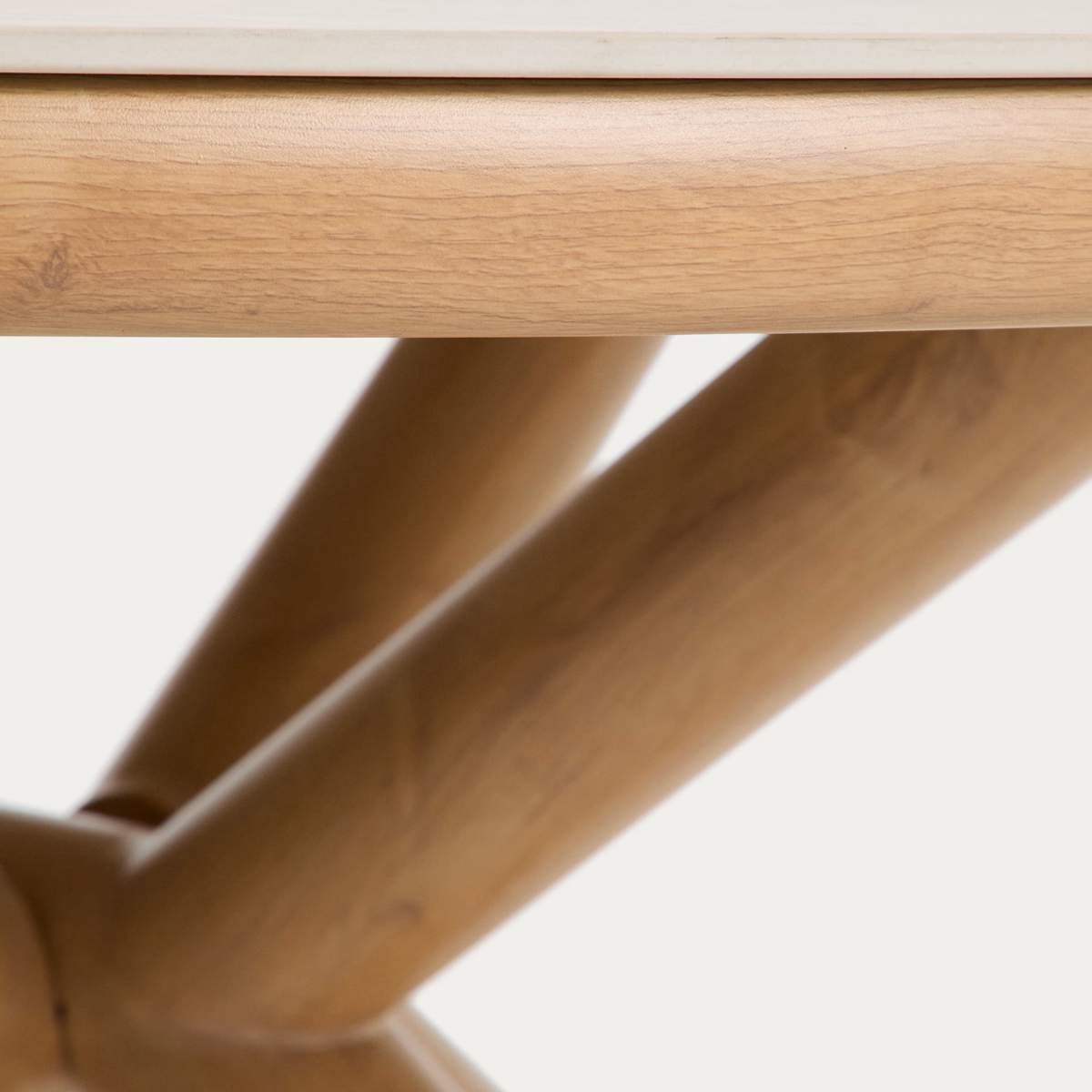 Kave Home Mirtia outdoor table in wood-effect aluminium and ecru sintered stone Ø 148cm