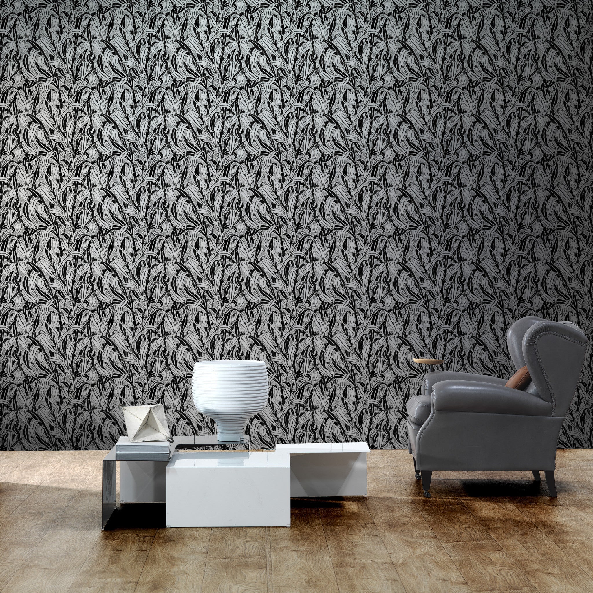 NLXL Monochrome Leaves Black Wallpaper-Beaumonde