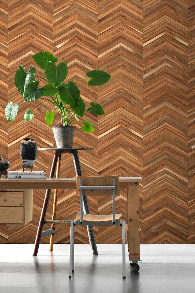 NLXL Timber Strips Wallpaper Teak On Chevron-Beaumonde