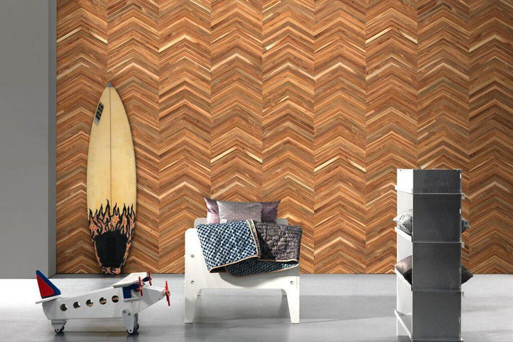 NLXL Timber Strips Wallpaper Teak On Chevron-Beaumonde
