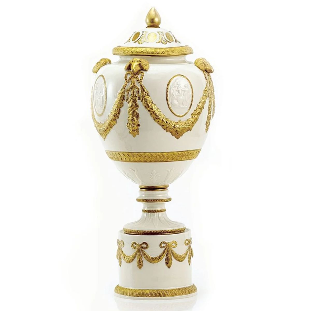 Villari Napoleon Potiche with Festoon and Cameo - White & Gold