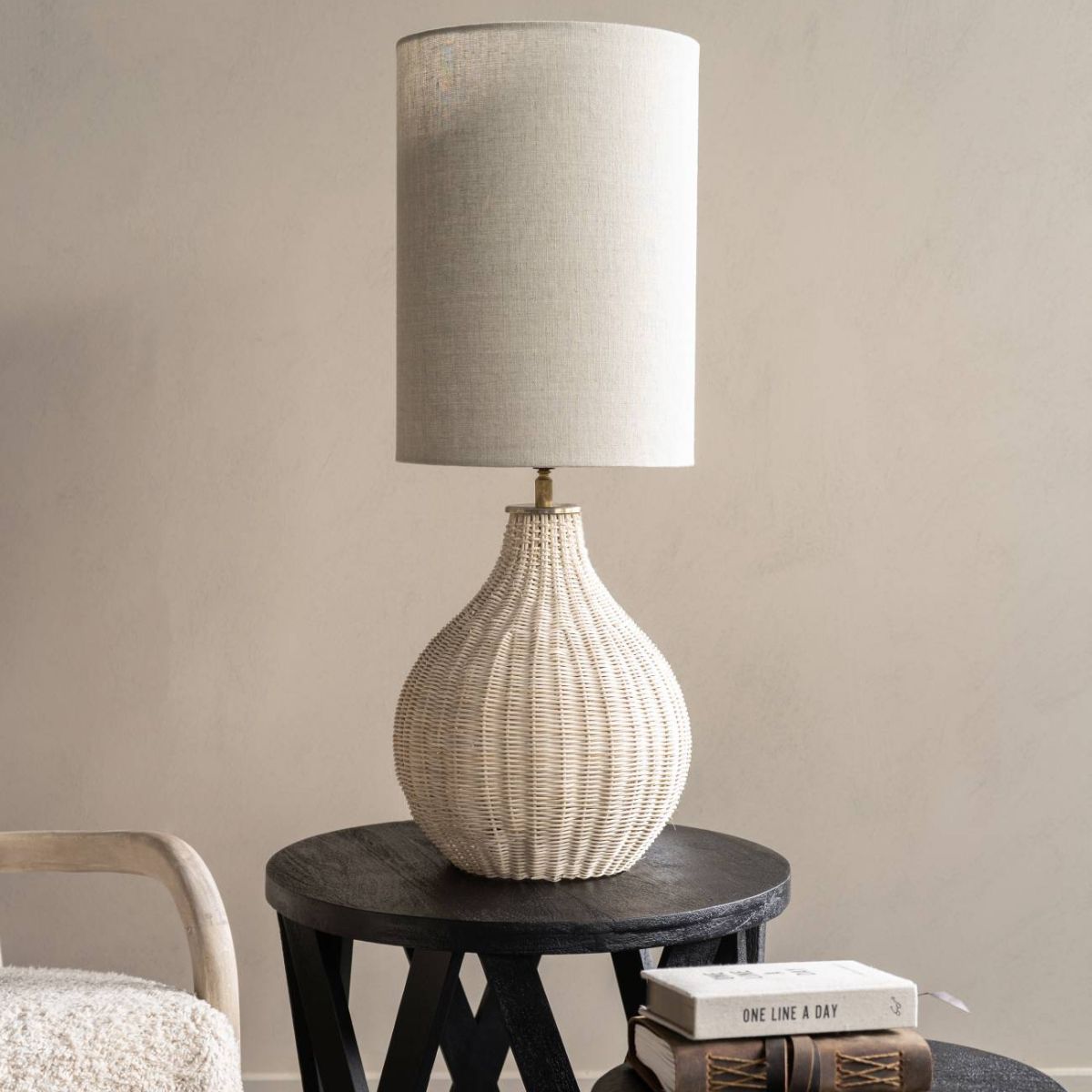 Libra Interiors Natural Rattan Lamp with Drum Shade Large