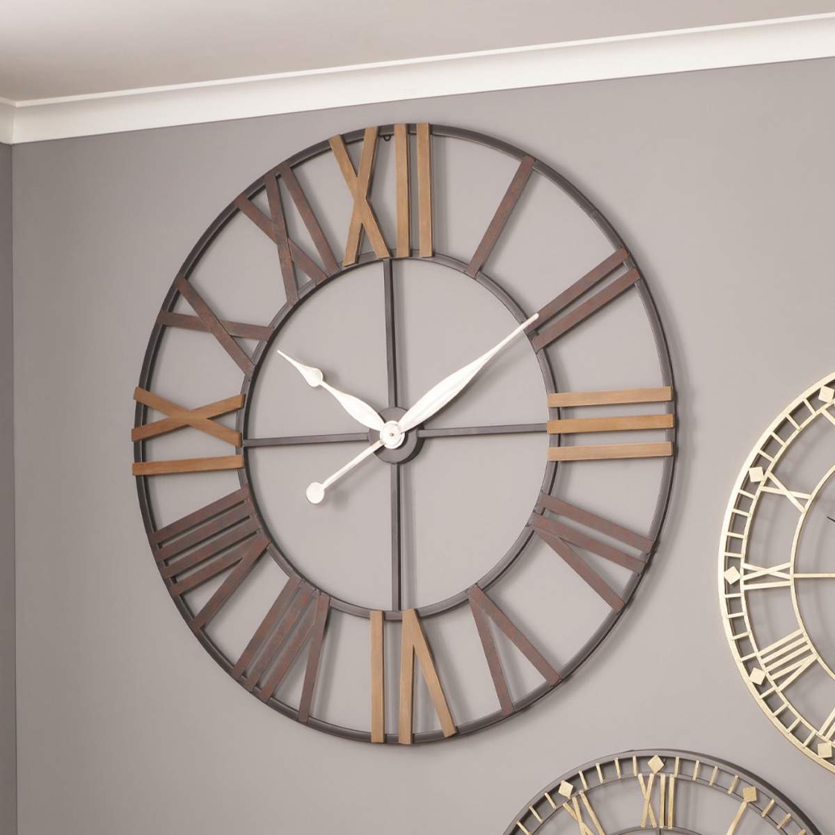 Pacific Lifestyle Natural Wood and Antique Grey Metal Round Wall Clock Large