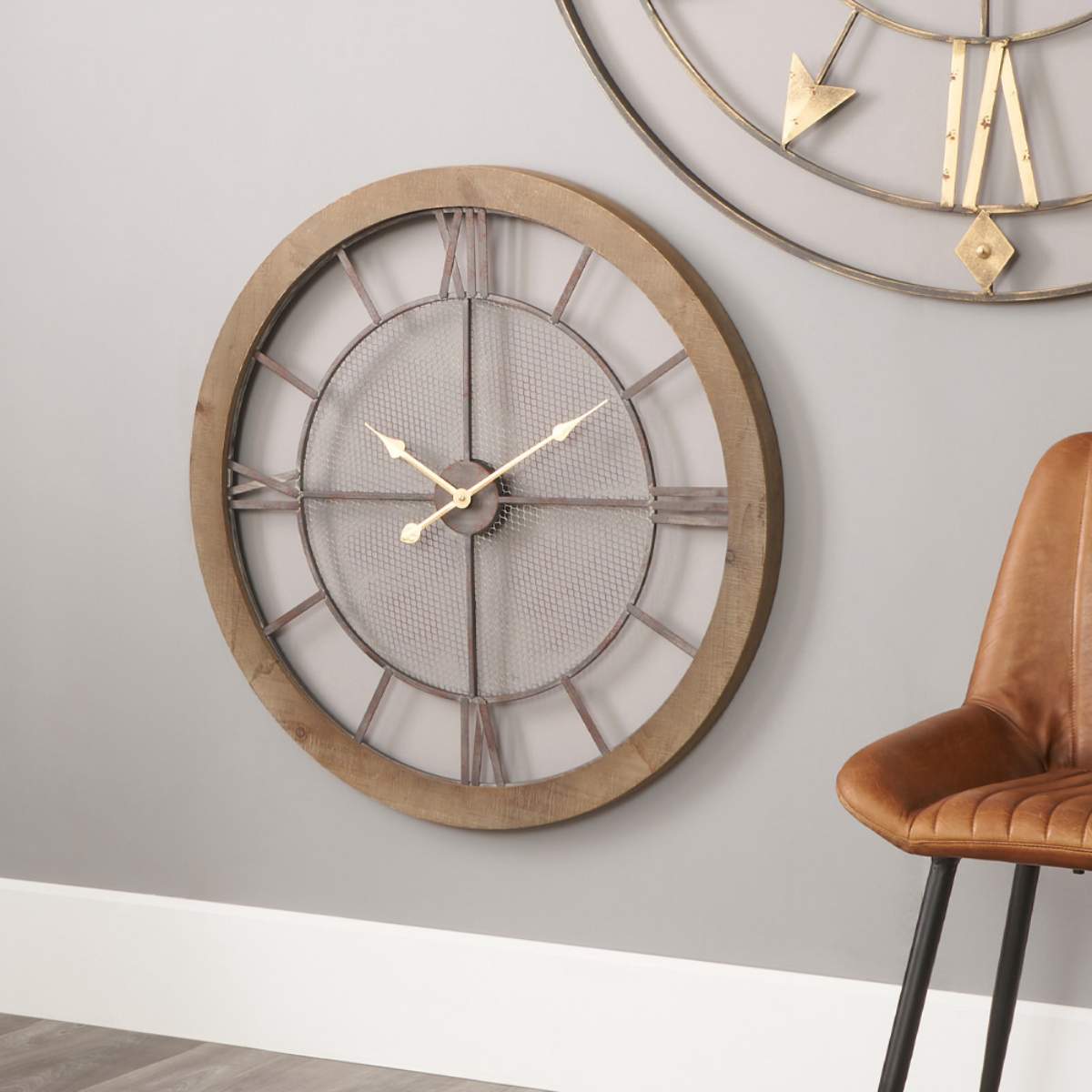 Pacific Lifestyle Natural Wood and Black Metal Mesh Round Wall Clock