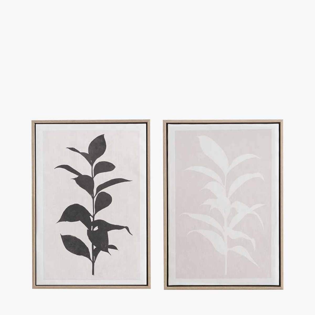Beau&Co S/2 Natural and Black Leaf Print Canvases with Natural Frames