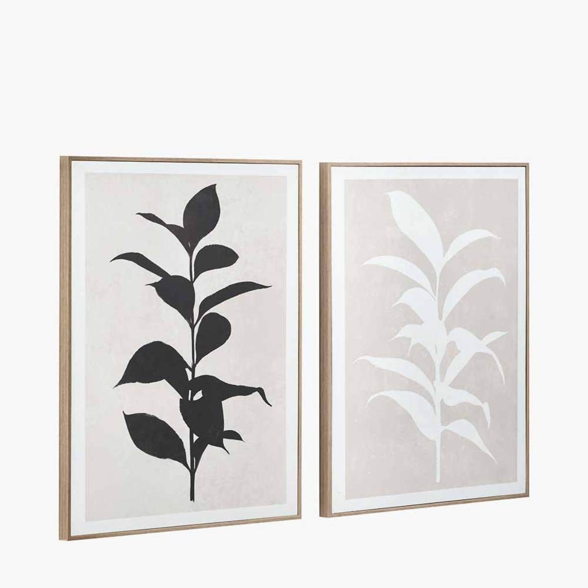 Beau&Co S/2 Natural and Black Leaf Print Canvases with Natural Frames