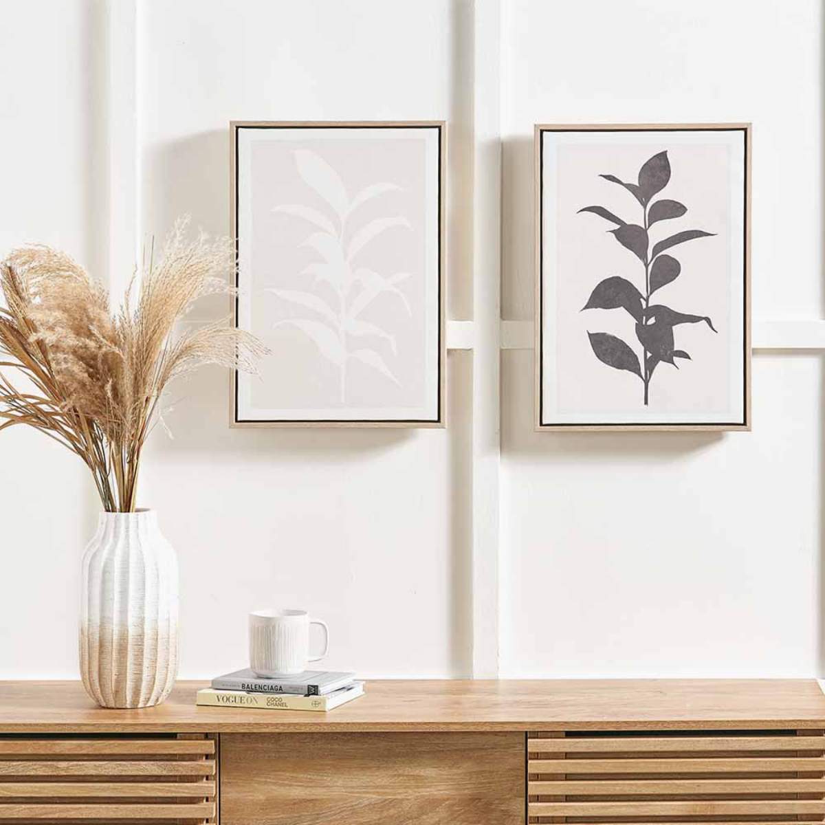 Beau&Co S/2 Natural and Black Leaf Print Canvases with Natural Frames