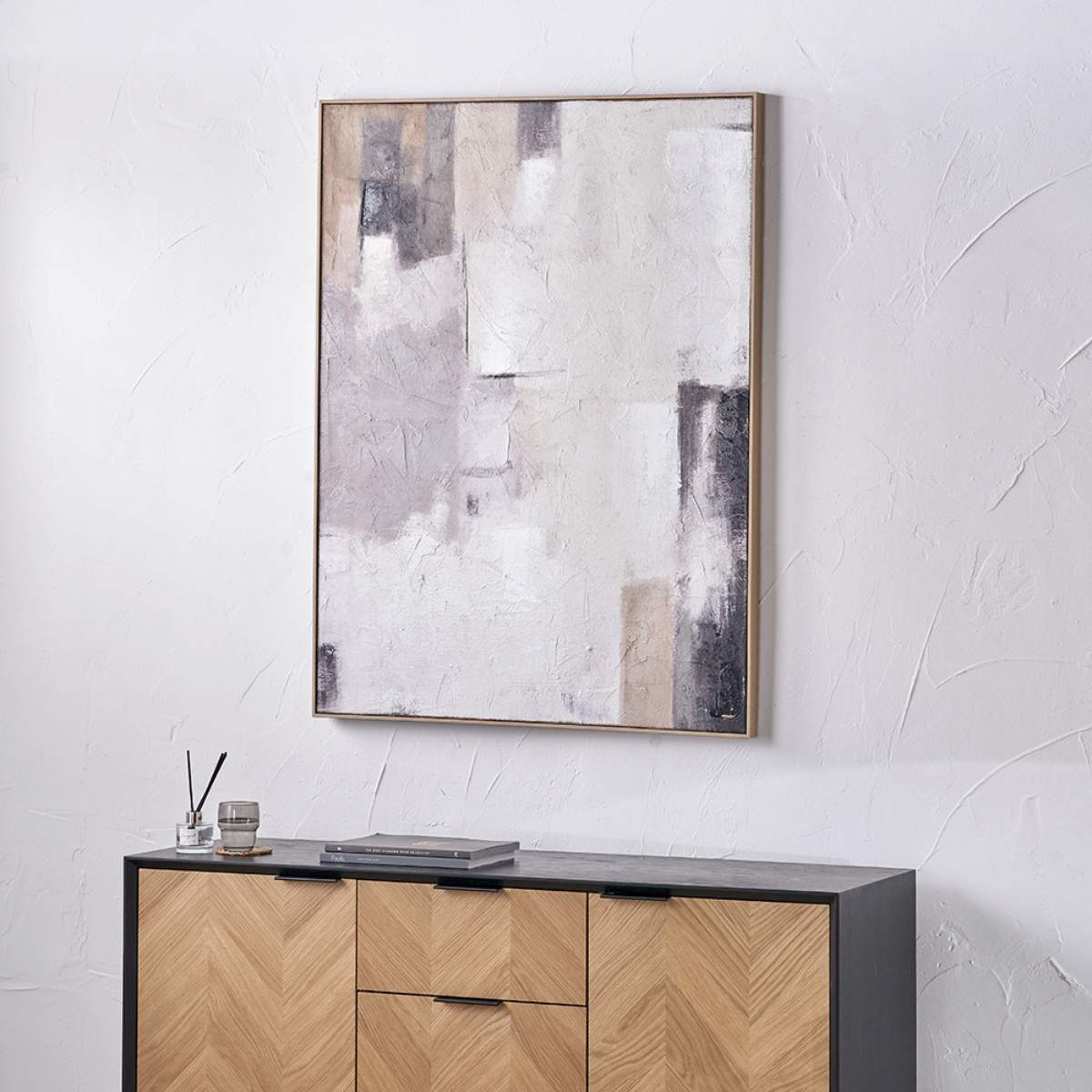 Pacific Lifestyle Natural and Grey Textured Abstract Canvas with Natural Frame