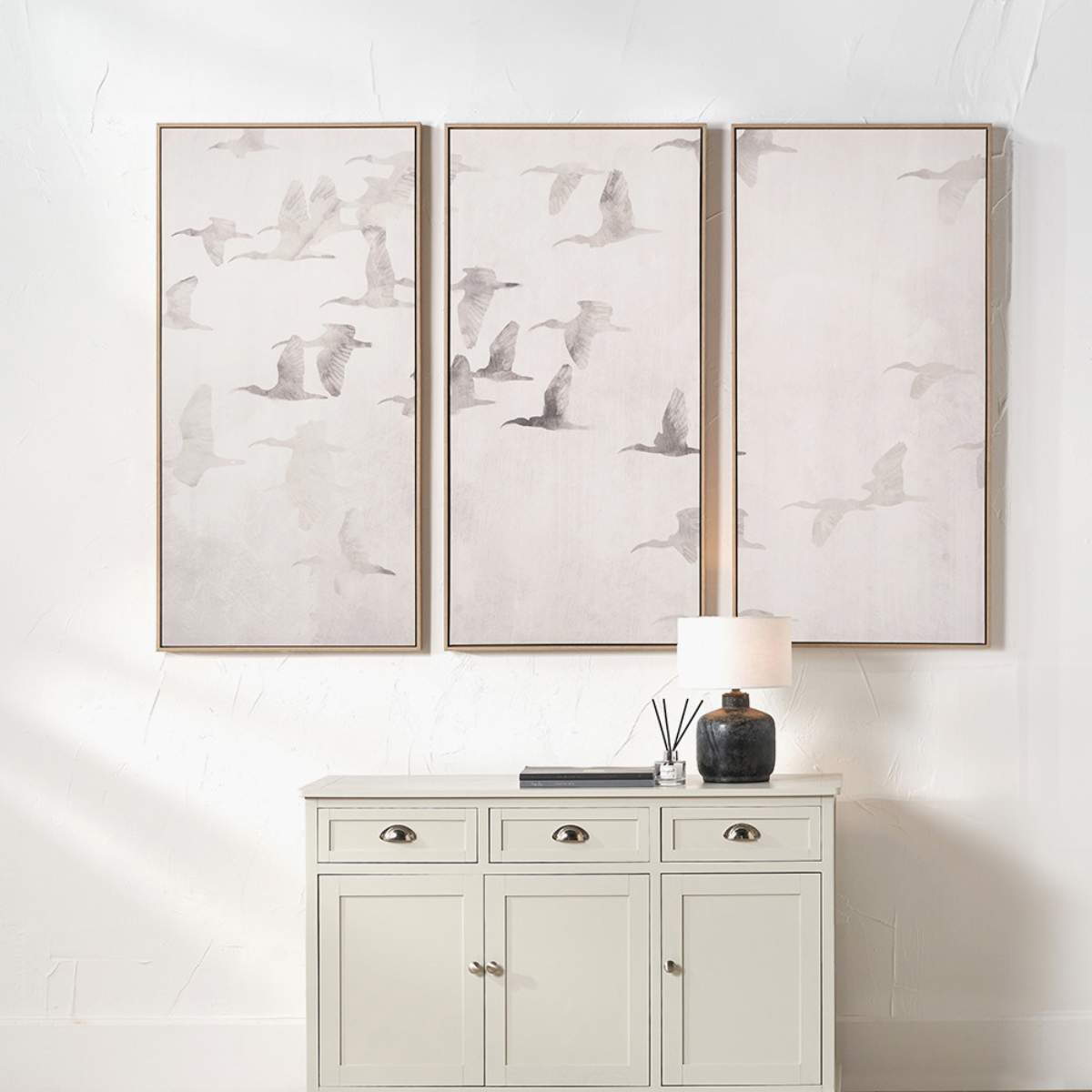 Pacific Lifestyle S/3 Natural and White Birds Canvases with Natural Frames