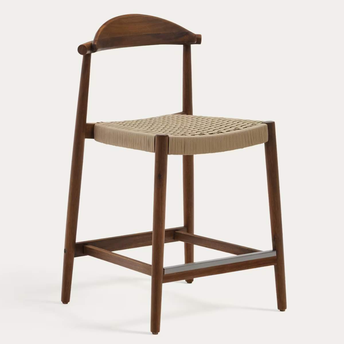 Kave Home Nina stool made of solid acacia wood with black finish and beige rope height 62 cm