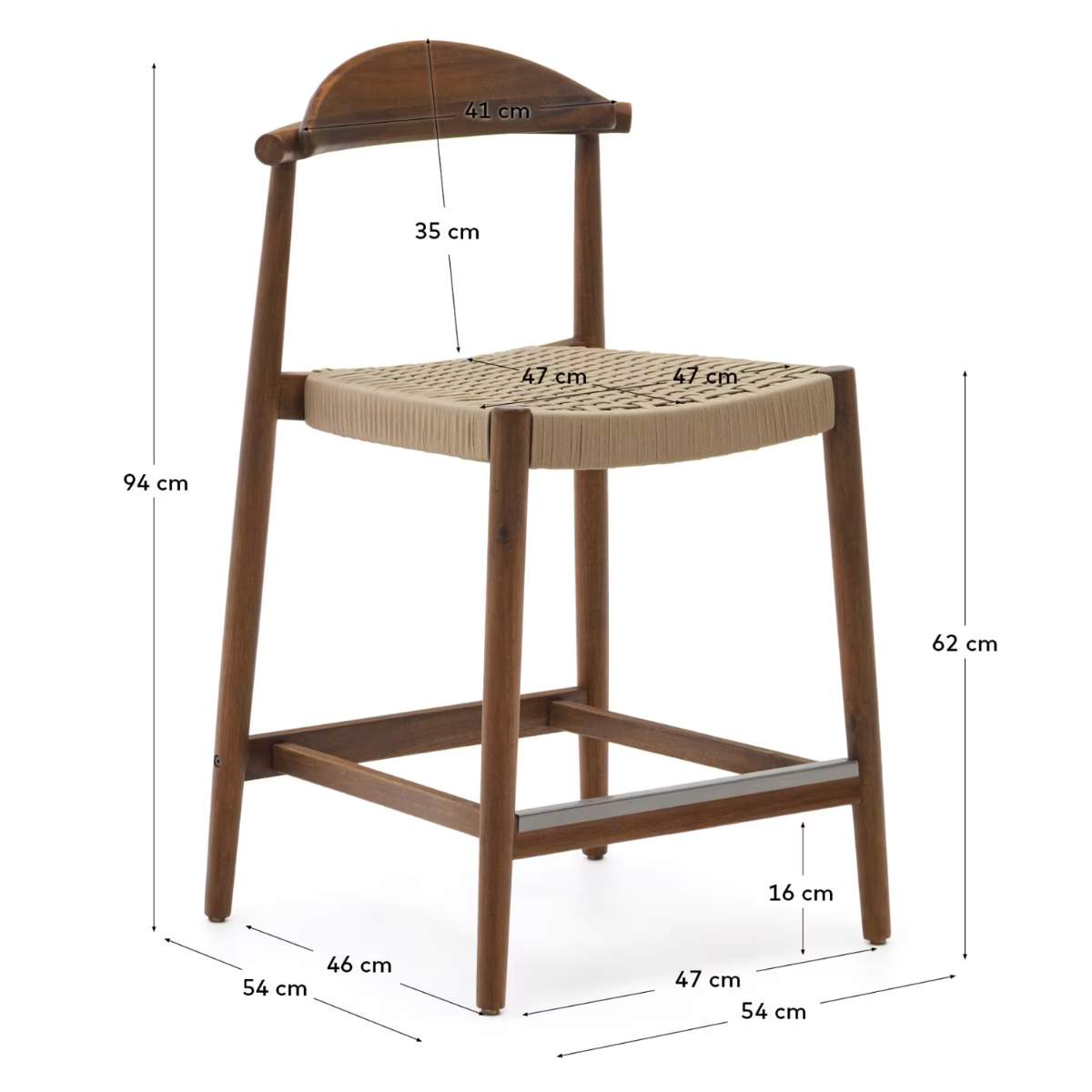 Kave Home Nina stool made of solid acacia wood with black finish and beige rope height 62 cm