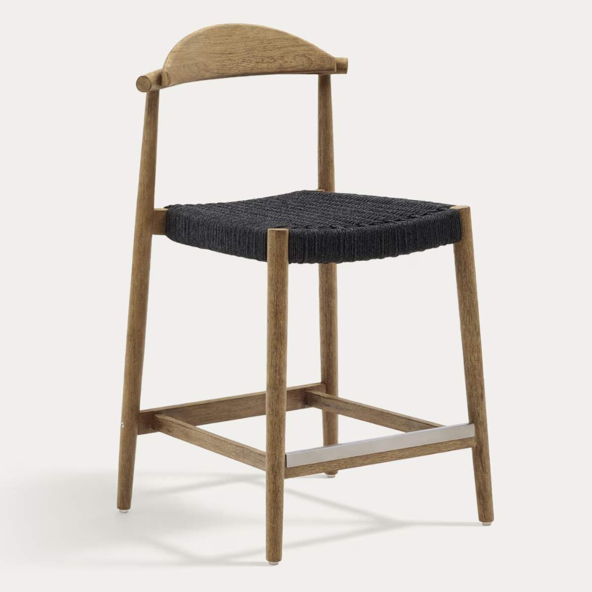 Kave Home Nina stool made of solid acacia wood with black finish and beige rope height 62 cm