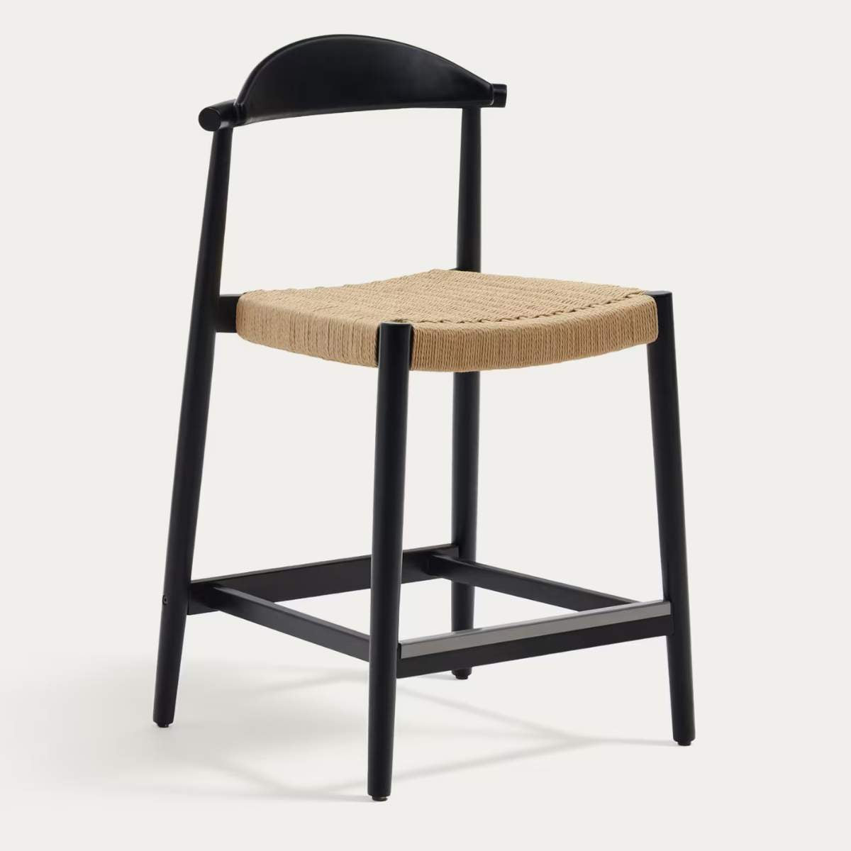 Kave Home Nina stool made of solid acacia wood with black finish and beige rope height 62 cm