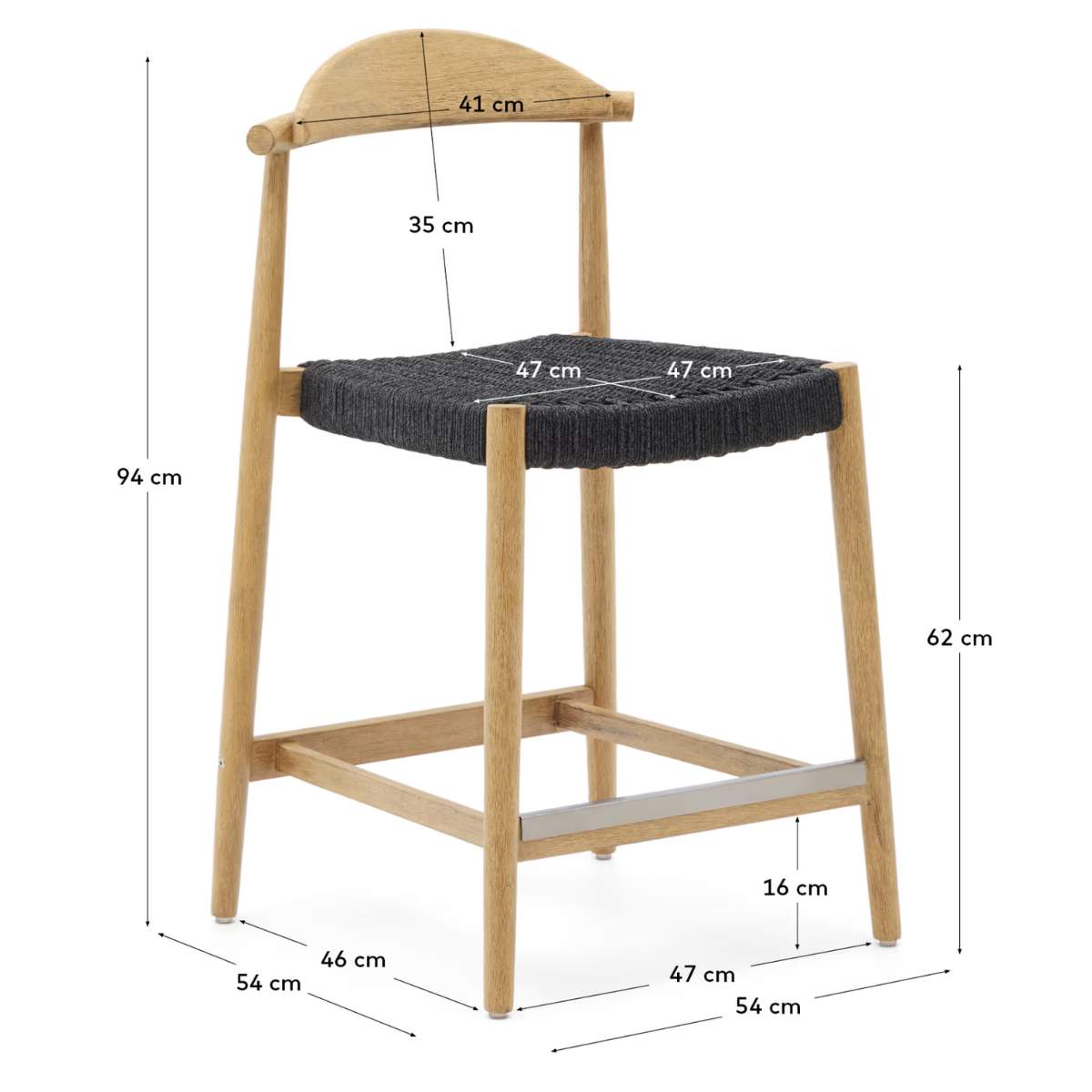 Kave Home Nina stool made of solid acacia wood with black finish and beige rope height 62 cm
