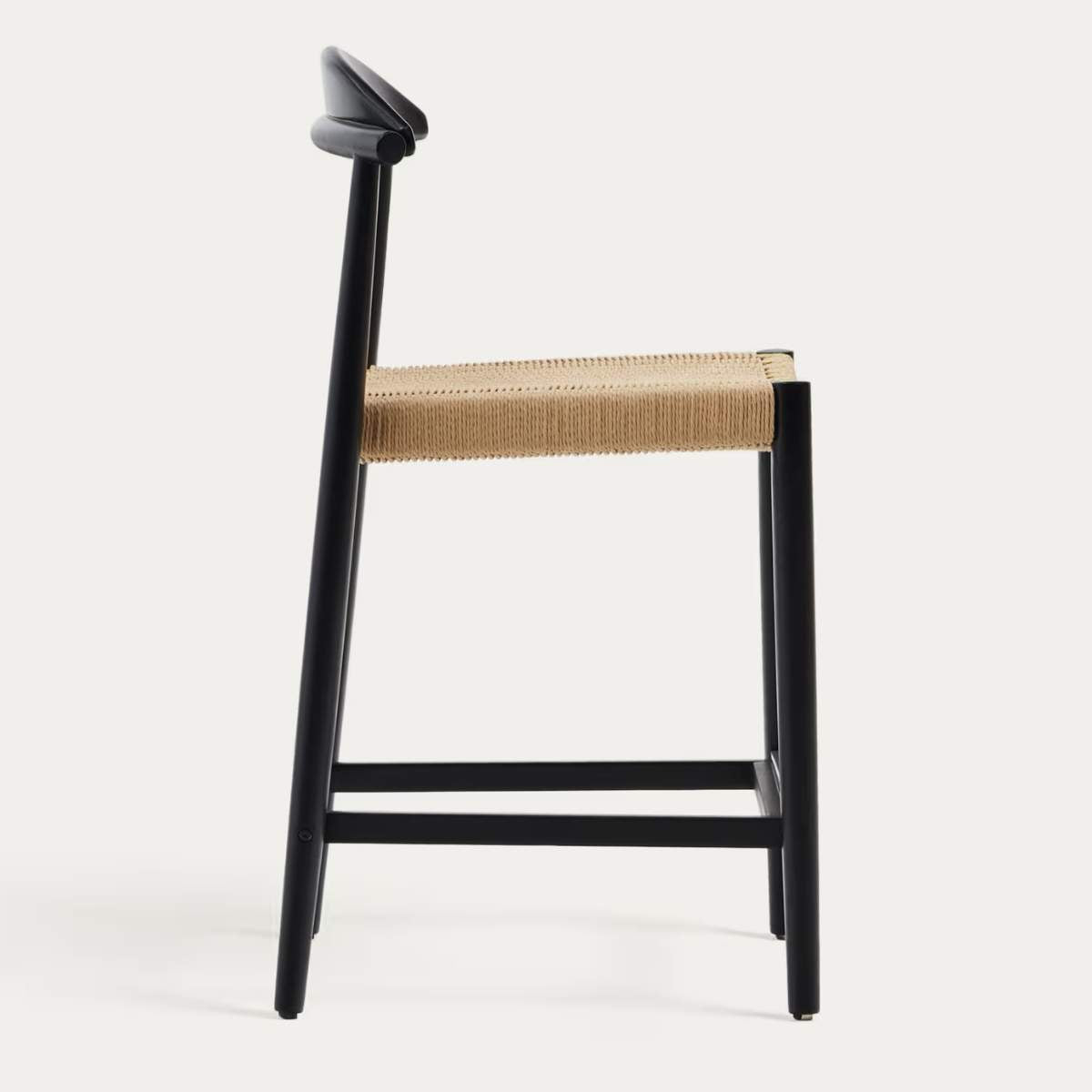 Kave Home Nina stool made of solid acacia wood with black finish and beige rope height 62 cm