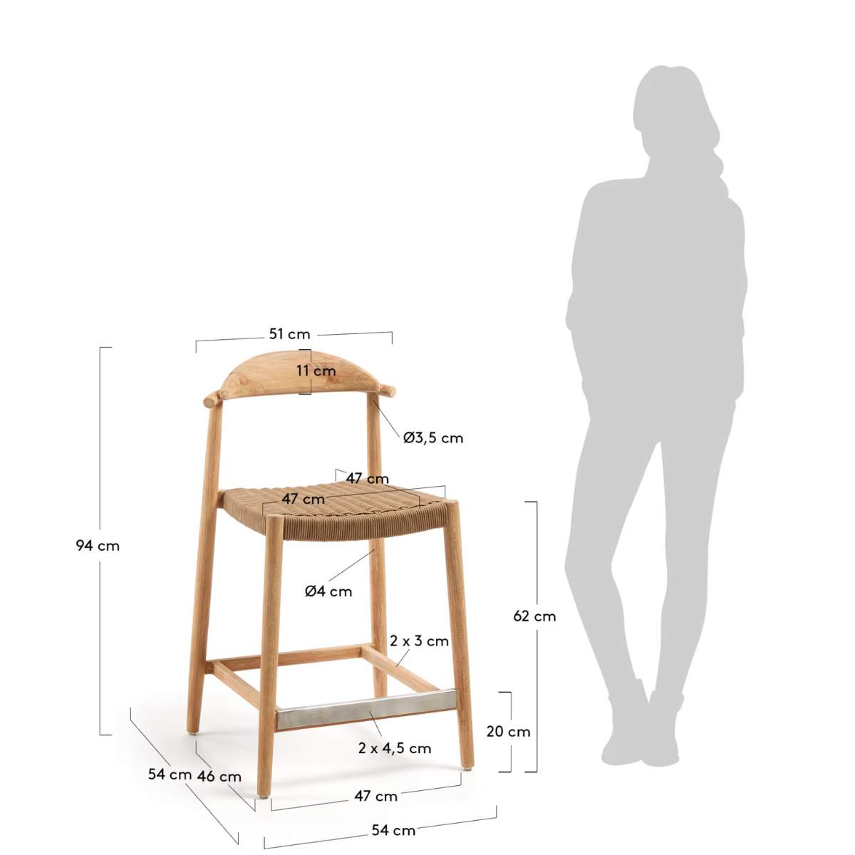 Kave Home Nina stool made of solid acacia wood with black finish and beige rope height 62 cm