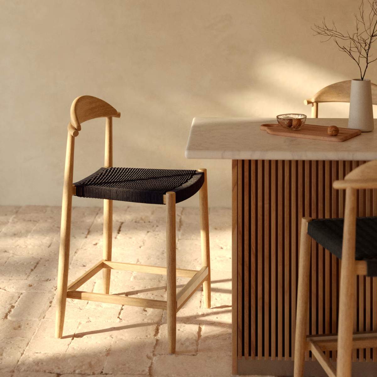 Kave Home Nina stool made of solid acacia wood with black finish and beige rope height 62 cm