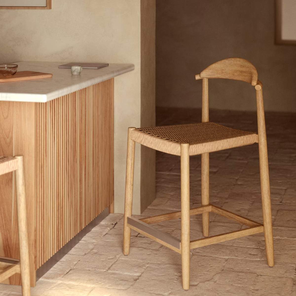 Kave Home Nina stool made of solid acacia wood with black finish and beige rope height 62 cm