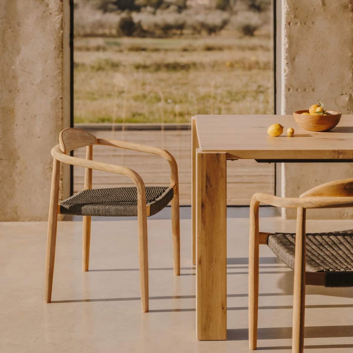 Kave Home Nina stackable chair in FSC 100% solid acacia wood and ecru rope cord
