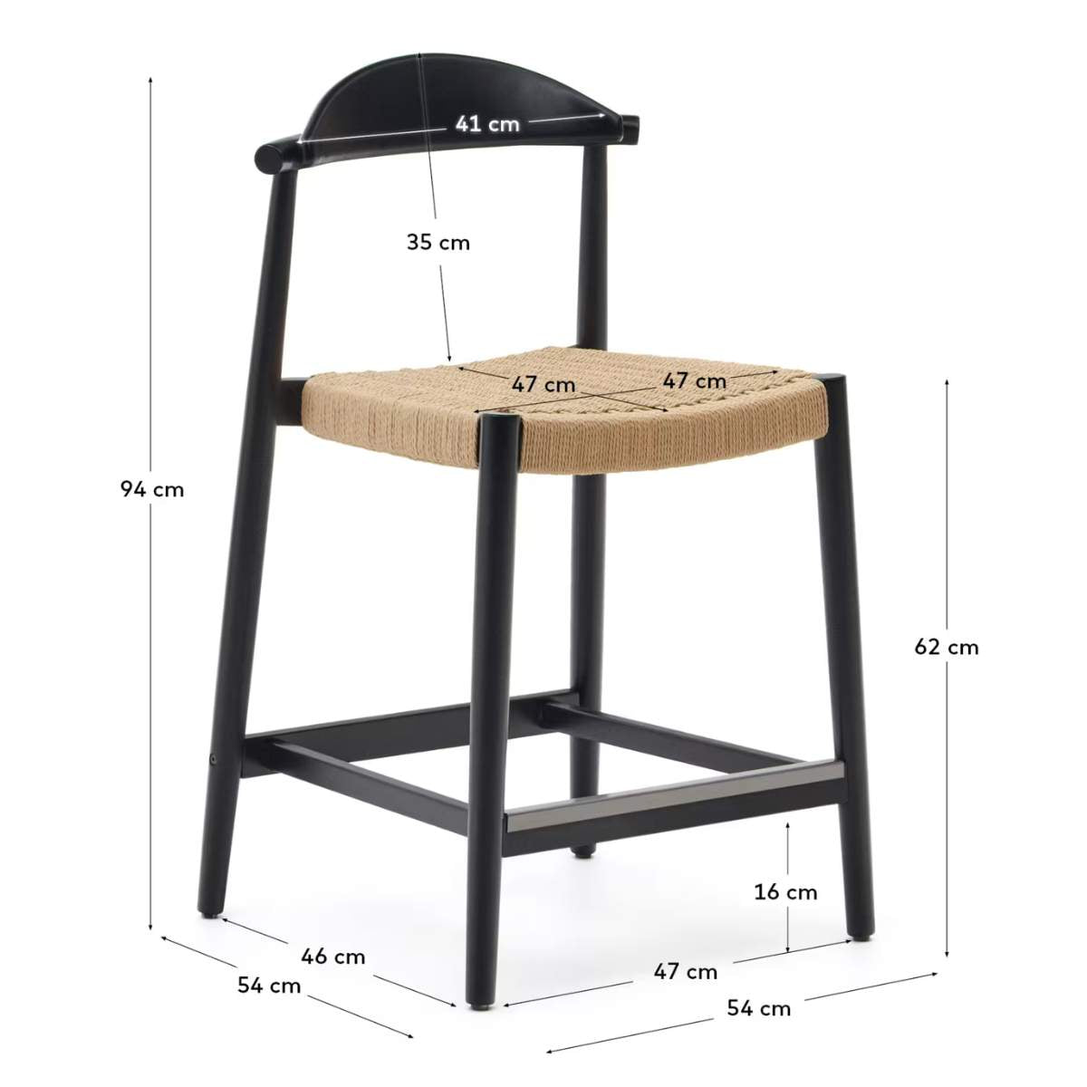 Kave Home Nina stool made of solid acacia wood with black finish and beige rope height 62 cm